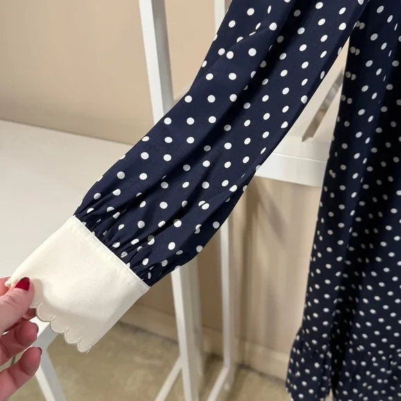 Tory Burch Navy Polka Dot silk Dress w/ white scalloped collar size 2 LIKE NEW - Picture 8 of 16